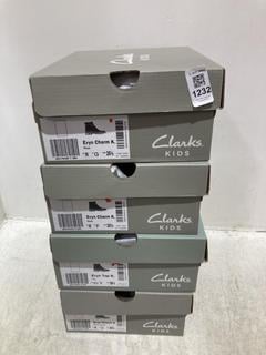 Lot 1232  
            Chesterfield SR44 - Parcel Delivery Only 

                
4 X ASSORTED KIDS SHOES TO INCLUDE CLARKS EVYN CHARM BOOTS IN PLUM SIZE UK 8 (LOC...