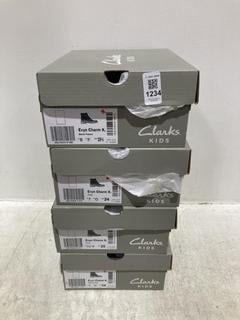 Lot 1234  
            Chesterfield SR44 - Parcel Delivery Only 

                
4 X ASSORTED KIDS SHOES TO INCLUDE CLARKS EVYN CHARM IN BLACK PATENT SIZE UK 8 (L...