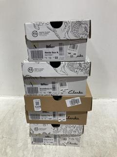 Lot 1235  
            Chesterfield SR44 - Parcel Delivery Only 

                
4 X ASSORTED KIDS SHOES TO INCLUDE CLARKS SCALA DRESS SHOES IN BLACK SIZE UK 1 (L...