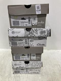 Lot 1236  
            Chesterfield SR44 - Parcel Delivery Only 

                
4 X ASSORTED KIDS SHOES TO INCLUDE CLARKS SCAPE SKY SHOES IN BLACK LEATHER SIZE U...