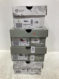 Lot 1237  
            Chesterfield SR44 - Parcel Delivery Only 

                
4 X ASSORTED KIDS SHOES TO INCLUDE CLARKS LORCAM TRAIL IN DARK GREY SIZE UK 2 (LO...