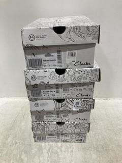 Lot 1248  
            Chesterfield SR44 - Parcel Delivery Only 

                
4 X ASSORTED KIDS SHOES TO INCLUDE CLARKS SCAPE SKY SHOES IN BLACK LEATHER SIZE U...