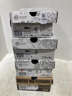 Lot 1254  
            Chesterfield SR44 - Parcel Delivery Only 

                
4 X ASSORTED KIDS SHOES TO INCLUDE CLARKS CROWN JANE SHOES IN DUSTY PINK SIZE UK ...