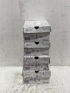 Lot 1409  
            Chesterfield SR44 - Parcel Delivery Only 

                
4 X ASSORTED KIDS SHOES TO INCLUDE CLARKS CITYVIBE SHOES IN GUN METAL SIZE UK 2 (...