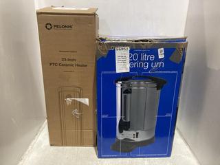 Lot 1566  
            Chesterfield SR44 - Parcel Delivery Only 

                
PELONIS 23 INCH PTC CERAMIC HEATER TO INCLUDE LLOYTRON 20 LITRE CATERING URN (LOC...