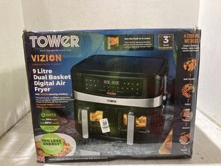 Lot 1697  
            Chesterfield SR44 - Parcel Delivery Only 

                
TOWER VIZION 9 LITRE DUAL BASKET DIGITAL AIR FRYER (LOCATION: A9)