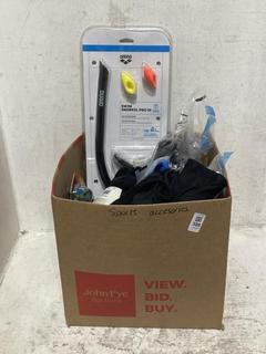 Lot 306  
            Chesterfield SR44 - Parcel Delivery Only 

                
BOX OF ASSORTED SPORTS ACCESSORIES TO INCLUDE ARENA SWIM SNORKEL PRO III SET (LOC...