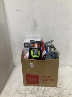 Lot 324  
            Chesterfield SR44 - Parcel Delivery Only 

                
BOX OF ASSORTED SPORTS ACCESSORIES TO INCLUDE SHOCK DOCTOR MOUTHGUARD CASE (LOCAT...