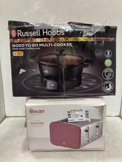 Lot 844  
            Chesterfield SR44 - Parcel Delivery Only 

                
SWAN 4-SLICE TOASTER IN FUSCHIA ROSE TO INCLUDE RUSSELL HOBBS GOOD-TO-GO MULTI CO...
