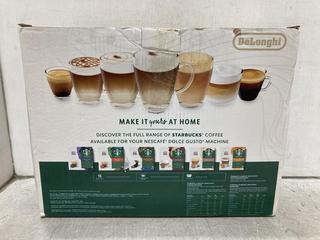 Lot 845  
            Chesterfield SR44 - Parcel Delivery Only 

                
DELONGHI NESCAFE DOLCE GUSTO COFFEE MACHINE (LOCATION: D8)