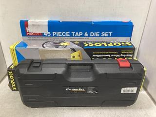 Lot 878  
            Chesterfield SR44 - Parcel Delivery Only 

                
4 X ASSORTED TOOLS TO INCLUDE STOPLOCK PRO ELITE PREMIUM STEERING WHEEL IMMOBILIS...