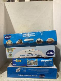 Lot 934  
            Chesterfield SR44 - Parcel Delivery Only 

                
4 X ASSORTED KIDS TOYS TO INCLUDE VTECH 3-IN-1 SPORTS CENTRE (LOCATION: C3)