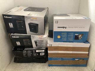 Lot 1144  
            Chesterfield SR47 - Parcel Delivery Only 

                
5 X ASSORTED PAPER SHREDDERS TO INCLUDE FELLOWES P30C POWER SHRED CROSS CUT PAPER...