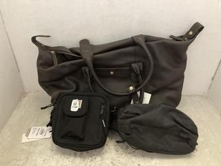 Lot 1186  
            Chesterfield SR47 - Parcel Delivery Only 

                
3 X ASSORTED BAGS TO INCLUDE JOHN LEWIS OVERNIGHT LEATHER DUFFEL BAG (LOCATION: A3)