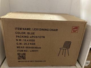 Lot 153  
            Chesterfield SR47 - Parcel Delivery Only 

                
LEXI DINING CHAIR IN BLUE 4PCS. (LOCATION: A6)