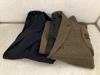 Lot 220  
            Chesterfield SR47 - Parcel Delivery Only 

                
CALVIN KLEIN JEANS JACKET IN NAVY SIZE S TO INCLUDE TWEED BLAZER IN SIZE 38R (LOC...