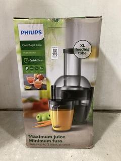 Lot 370  
            Chesterfield SR47 - Parcel Delivery Only 

                
PHILIPS VIVA COLLECTION CENTRIFUGAL JUICER (LOCATION: B1)