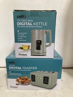 Lot 606  
            Chesterfield SR47 - Parcel Delivery Only 

                
CELLO 1.7L DIGITAL KETTLE TO INCLUDE CELLO 4 SLICE DIGITAL TOASTER (LOCATION: B10)