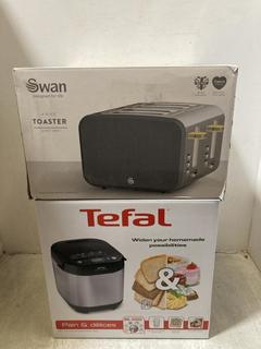 Lot 654  
            Chesterfield SR47 - Parcel Delivery Only 

                
TEFAL PAIN AND DELICES BREADMAKER TO INCLUDE SWAN FOUR SLICE TOASTER (LOCATION: C2)