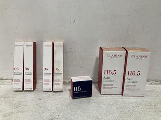 Lot 408  
            Chesterfield SR46 - Parcel Delivery Only 

                
7 X ASSORTED CLARINS BEAUTY PRODUCTS TO INCLUDE CLARINS OMBRE VELVET MATTE EYESHA...