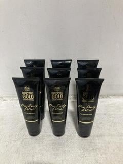 Lot 449  
            Chesterfield SR46 - Parcel Delivery Only 

                
9 X SOSU DRIPPING GOLD LUXURY TANNING PRE-PARTY POLISH PRE-TAN BODY SCRUB 150ML (...