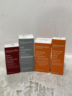 Lot 567  
            Chesterfield SR46 - Parcel Delivery Only 

                
4 X ASSORTED THIS WORKS BEAUTY PRODUCTS TO INCLUDE THIS WORKS MORING EXPERT OPEN ...