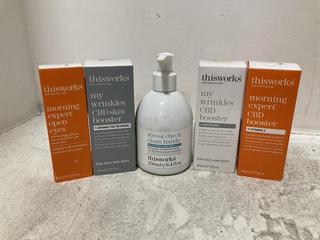 Lot 569  
            Chesterfield SR46 - Parcel Delivery Only 

                
5 X ASSORTED THIS WORKS BEAUTY PRODUCTS TO INCLUDE THIS WORKS STRESS CHECK CLEAN ...