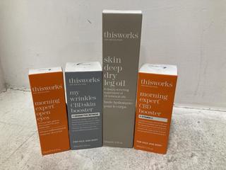 Lot 571  
            Chesterfield SR46 - Parcel Delivery Only 

                
4 X ASSORTED THIS WORKS BEAUTY PRODUCTS TO INCLUDE THIS WORKS SKIN DEEP DRY LEG O...