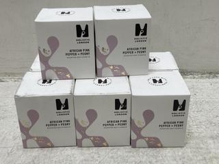 Lot 827  
            Chesterfield SR46 - Parcel Delivery Only 

                
8 X HOLISTIC LONDON AFRICAN PINK PEPPER + PEONY SCENTED SOY CANDLE - TOTAL LOT OR...