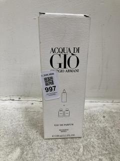 Lot 997  
            Chesterfield SR46 - Parcel Delivery Only 

                
GIORGIO ARMANI ACQUA DI GIO RECHARGE REFILL PARFUM 150ML - ORIGINAL RRP £125 (LOC...