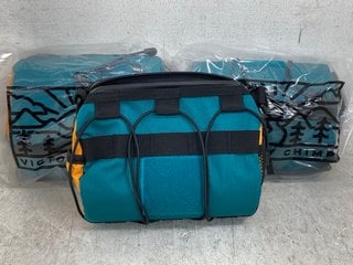 Lot 395  
            Marchington SR12 - Parcel Delivery Only 

                
3 X VICTORIA CHIMP OUT THERE BAR BAG IN TEAL/OCHRE - COMBINED RRP: £135.00: LOCAT...