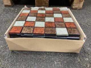 Lot 301  
            Marchington SR19 - Collection 

                
(COLLECTION ONLY) 1 BOX = 11 SHEETS OF 1M2 SQUARE COPPER BRONZE SILVER MIXED TILE...