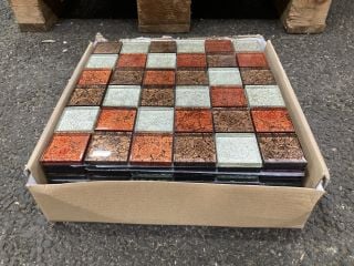 Lot 302  
            Marchington SR19 - Collection 

                
(COLLECTION ONLY) 1 BOX = 11 SHEETS OF 1M2 SQUARE COPPER BRONZE SILVER MIXED TILE...