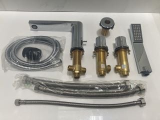 Lot 624  
            Marchington SR19 - Delivery or Collection 

                
DECK MOUNTED 4TH BSM IN CHROME WITH PENCIL STYLE HANDSET & HOSE - RRP £399: LOCAT...