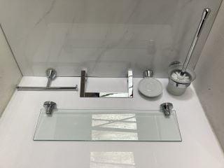 Lot 749  
            Marchington SR19 - Delivery or Collection 

                
BATHROOM ACCESSORY SET IN CHROME TO INCLUDE VANITY SHELF, TOWEL RING, DUAL ROLL H...