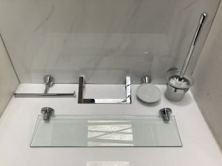 Lot 750  
            Marchington SR19 - Delivery or Collection 

                
BATHROOM ACCESSORY SET IN CHROME TO INCLUDE VANITY SHELF, TOWEL RING, DUAL ROLL H...