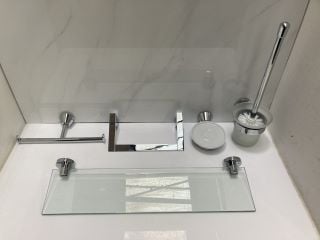Lot 751  
            Marchington SR19 - Delivery or Collection 

                
BATHROOM ACCESSORY SET IN CHROME TO INCLUDE VANITY SHELF, TOWEL RING, DUAL ROLL H...