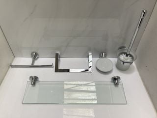 Lot 752  
            Marchington SR19 - Delivery or Collection 

                
BATHROOM ACCESSORY SET IN CHROME TO INCLUDE VANITY SHELF, TOWEL RING, DUAL ROLL H...