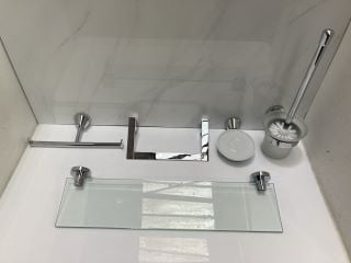 Lot 753  
            Marchington SR19 - Delivery or Collection 

                
BATHROOM ACCESSORY SET IN CHROME TO INCLUDE VANITY SHELF, TOWEL RING, DUAL ROLL H...