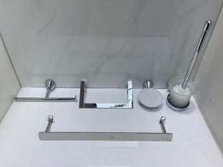 Lot 754  
            Marchington SR19 - Delivery or Collection 

                
BATHROOM ACCESSORY SET IN CHROME TO INCLUDE TOWEL RING, DUAL ROLL HOLDER, WALL MO...