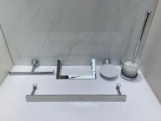 Lot 756  
            Marchington SR19 - Delivery or Collection 

                
BATHROOM ACCESSORY SET IN CHROME TO INCLUDE TOWEL RING, DUAL ROLL HOLDER, WALL MO...