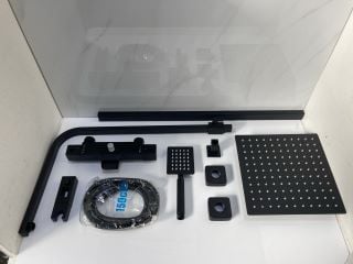 Lot 854  
            Marchington SR19 - Delivery or Collection 

                
WALL MOUNTED THERMOSTATIC BSM IN BLACK WITH RISER RAIL, SQUARE FIXED SHOWER HEAD,...
