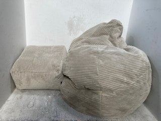Lot 1281  
            Marchington SR13 - Parcel Delivery Only 

                
JUMBO CORD BEAN BAG IN STONE TO INCLUDE JUMBO CORD FOOTREST IN STONE: LOCATION - C5