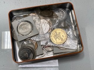 Lot 1406  
            Marchington SR13 - Parcel Delivery Only 

                
A TIN OF MAINLY CANADIAN HISTORICAL; COMMEMORATIVE COINS AND MEDALLIONS: LOCATION...