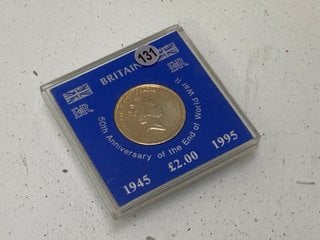 Lot 1429  
            Marchington SR13 - Parcel Delivery Only 

                
TWO POUND COMMEMORATIVE COIN, FIFTIETH ANNIVERSARY OF THE END OR WORLD WAR TWO, 1...