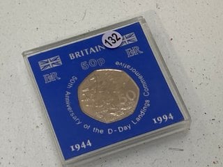 Lot 1432  
            Marchington SR13 - Parcel Delivery Only 

                
50TH ANNIVERSARY OF THE D-DAY LANDINGS, COMMEMORATIVE FIFTY PENCE PIECE BRILLIANT...