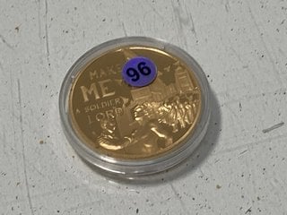 Lot 1476  
            Marchington SR13 - Parcel Delivery Only 

                
24 CARAT GOLD PLATED WORLD WAR ONE COMMEMORATIVE FIFTY PENCE COIN, 2014, BRILLIAN...