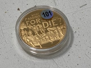 Lot 1481  
            Marchington SR13 - Parcel Delivery Only 

                
24 CARAT GOLD PLATED WORLD WAR ONE COMMEMORATIVE FIFTY PENCE COIN, 2016, BRILLIAN...