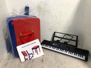 Lot 511  
            Marchington SR13 - Parcel Delivery Only 

                
CHILDRENS PLASTIC TABLE & CHAIRS SET IN RED & BLUE TO INCLUDE MQ-6104 MUSICAL KEY...