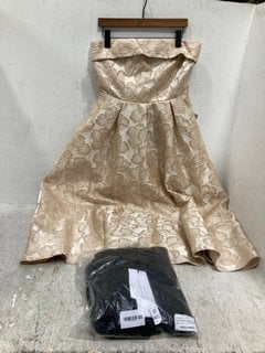 Lot 665  
            Marchington SR13 - Parcel Delivery Only 

                
CLUBL LONDON WOMENS METALLIC JACQUARD STRAPLESS MIDI DRESS IN GOLD - SIZE UK 12 T...